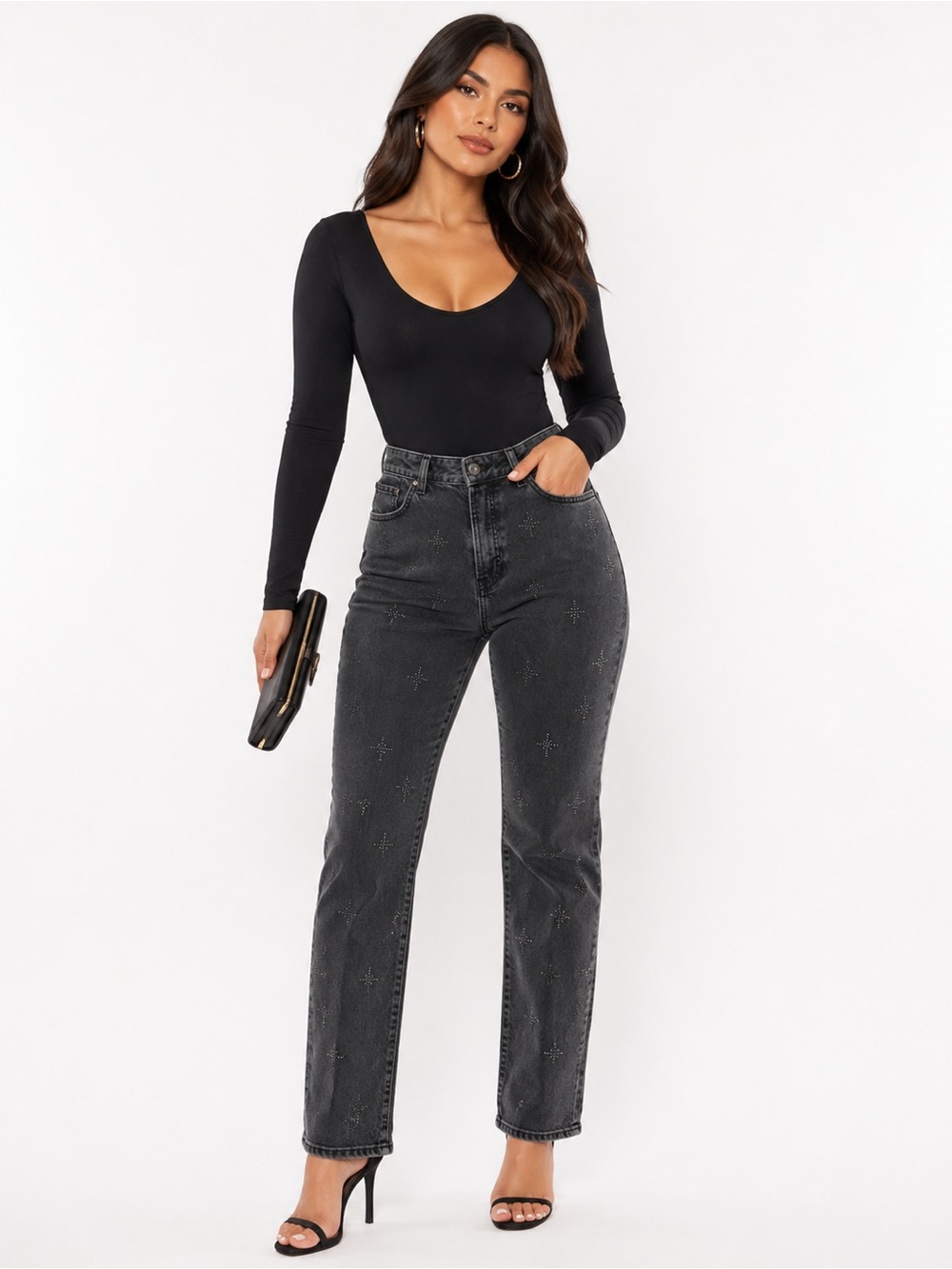 H&M Vintage Fit High-Waist Straight Leg Jeans | Black Wash | Star Stud Detail